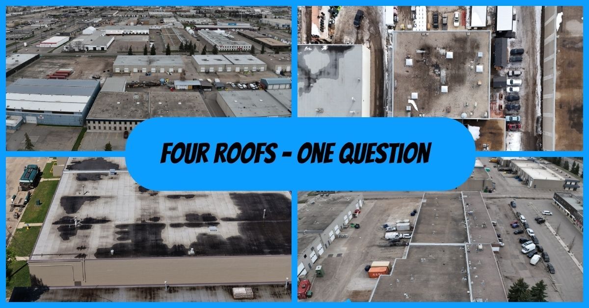 Aerial comparison of four commercial roofs showing different roof types, ages, equipment layouts, and maintenance conditions.