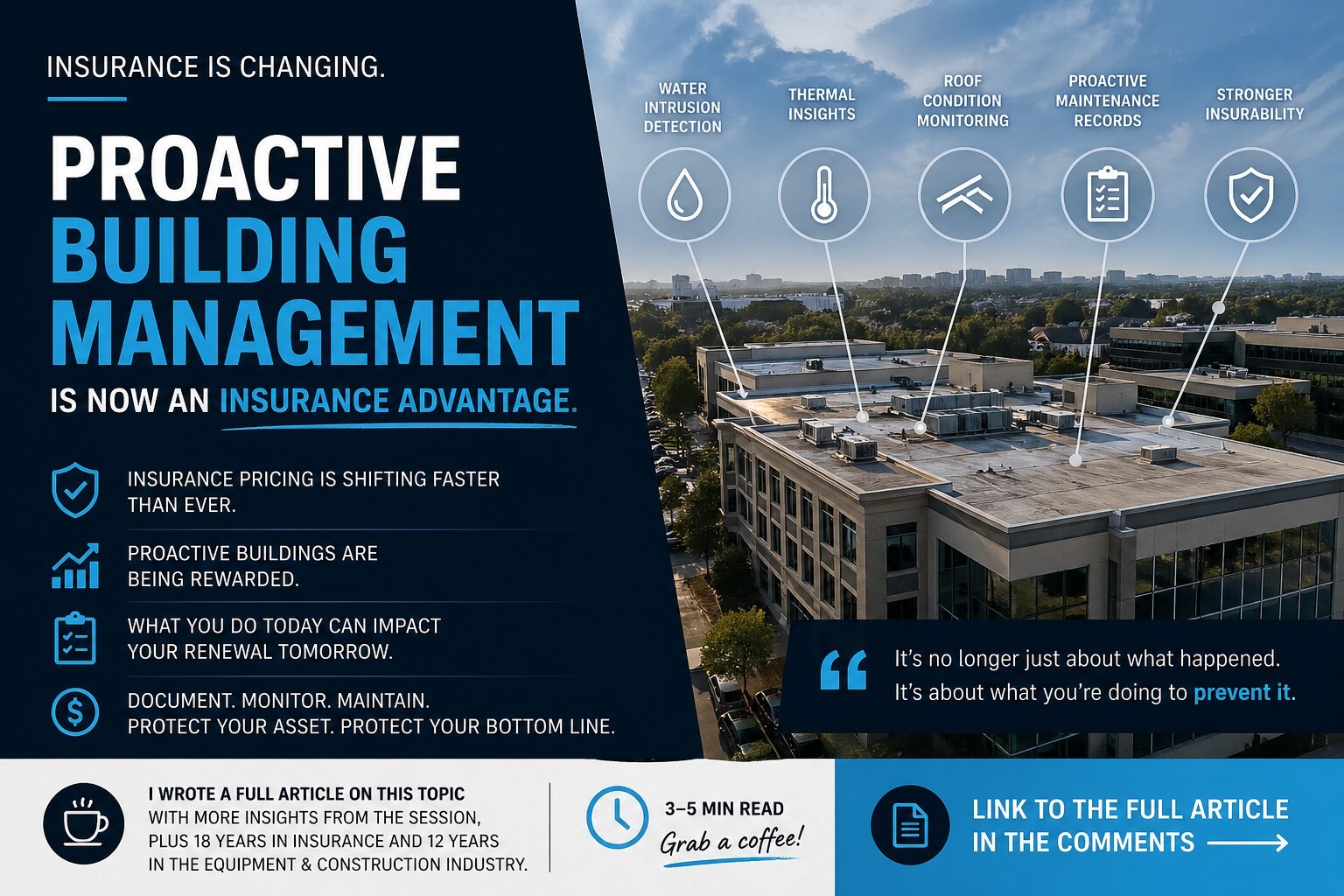 Aerial commercial building with data overlays illustrating proactive maintenance and risk management.